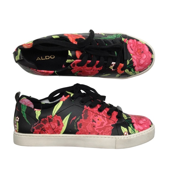 ALDO Floral Print Sneakers - Black & Red Rose Low Top Lace-Ups - Picture 2 of 7